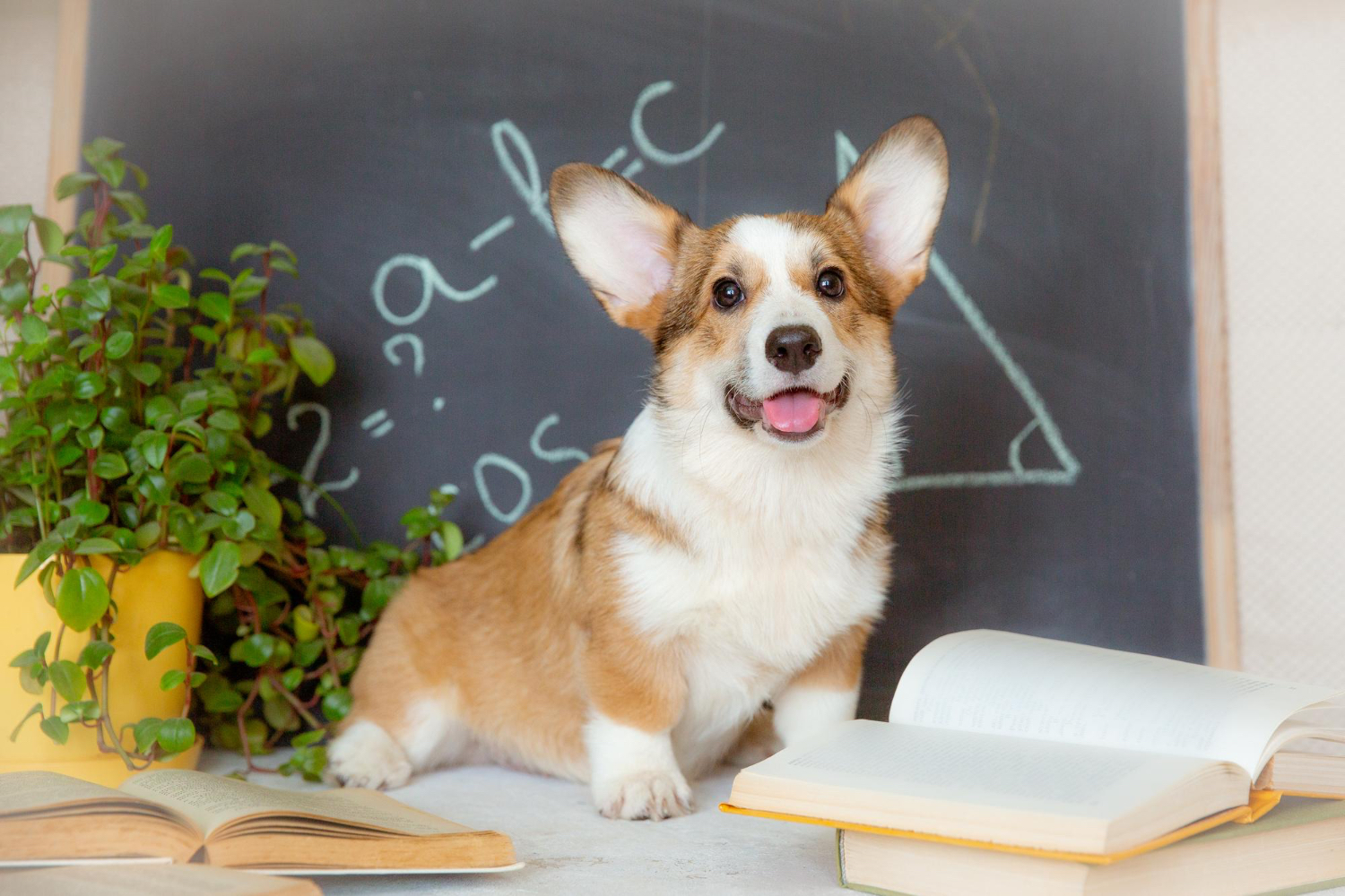 (Welsh) Corgi puppy zittend voor een schoolbord met opengeslagen boeken